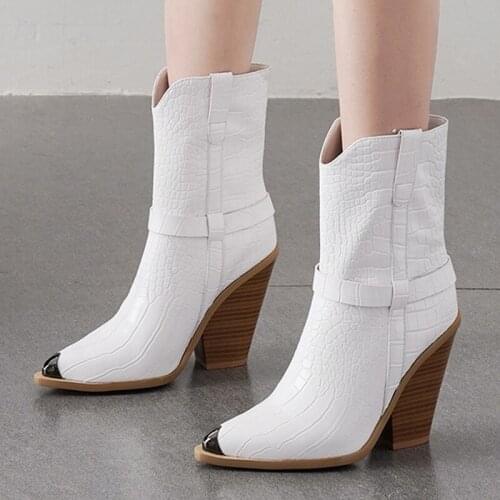 AIWEIYi Soft PU Leather Ankle Boots for Woman Metal Pointed toe Square High Heels Short Botas Mujer Runway Short Boots Comfort