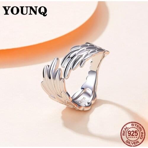 YOUNQ S925 Sterling Silver Angel Wing Finger Ring, Platinum Plated Adjustable Size 6-9 Original Design Ring for Women CB001