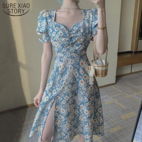 Summer Floral Dress Hepburn Style Print Flowers Sweet Puff Sleeve Chiffon Split Dress Oversize Women Clothes Robe Vestido 14555