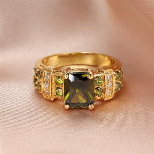 Vintage Female Olive Green Crystal Zircon Ring Charm Gold Color Wedding Rings For Women Luxury Square Stone Engagement Jewelry