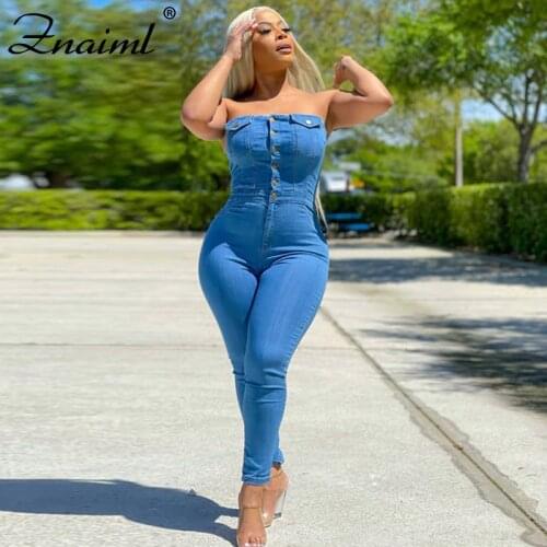 Znaiml Streetwear Casual Denim Jumpsuit Women Summer 2021 Off Shoulder Backless Button One Piece Outfits Bodycon Jean Jumpsuits