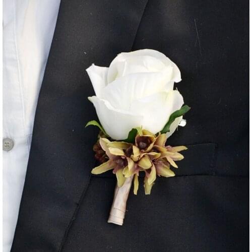 1Piece Corsages Groom Boutonniere Artificial Flower Buttonhole White Silk Rose Wedding Supplies Party Prom Women Men Suit Brooch