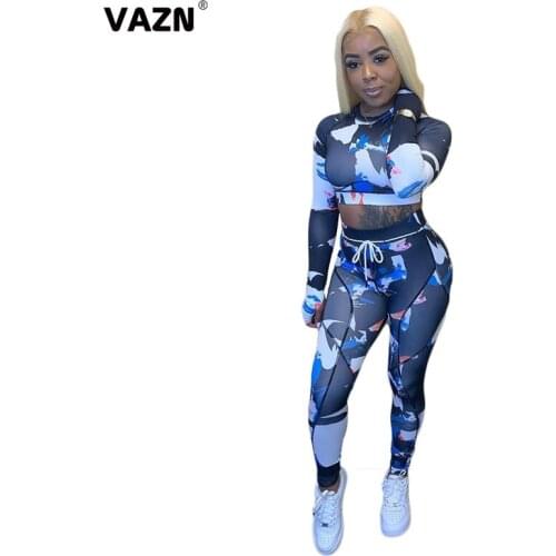 VAZN 2020 Sport Women Casual Shinny Letter Outfit Two Pieces Set Full Sleeve O-neck Full Pant Sport Running Sets