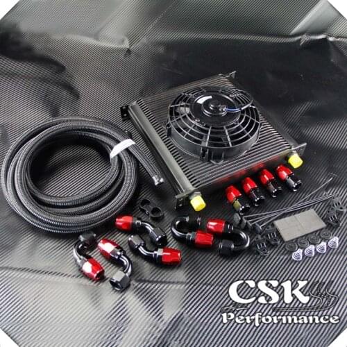 40 Row AN10 Engine Oil Cooler + 5M Oil Line Fittings + 7" Electric Fan Kit BLACK/SILVER