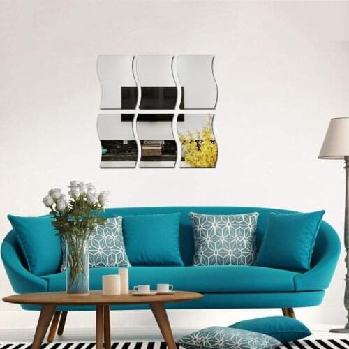 6pcs DIY Mirror Wall Sticker Wave Shape Self-adhesive 3D Crystal Mirror Wall Sticker Modern Stickers Bedroom Bathroom Decoration