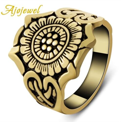 Ajojewel Brand New Mens Rings Antique Gold-color Flower Design Man Jewelry Accessories