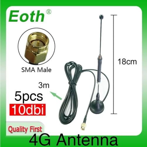 5pcs/lot 4G 10dbi LTE Antenna 3g 4g lte Aerial 698-960/1700-2700Mhz with magnetic base SMA Male RG174 3M Clear Sucker Antenna