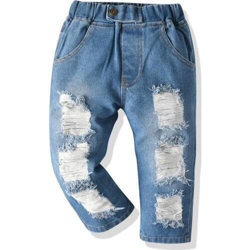 Children Ripped Hole Jeans Pants 2021 New Spring Autumn Kid Broken Denim Trouser for Baby Boy Girl 1-8T Trousers Clothes Costume