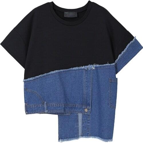 Chic Denim Patchwork Hit Color Design Irregular O-neck Tshirts 2021 Summer New Fashion Women Shirts Casual Office Lady Tops