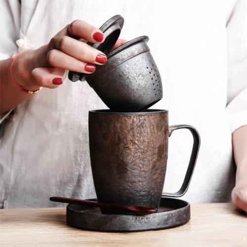 Japanese Style Ceramic Creative Handmade Kiln Change Tea Cup with Cover and Tray Retro Filter Tea Mug Office Teacup Drinkware