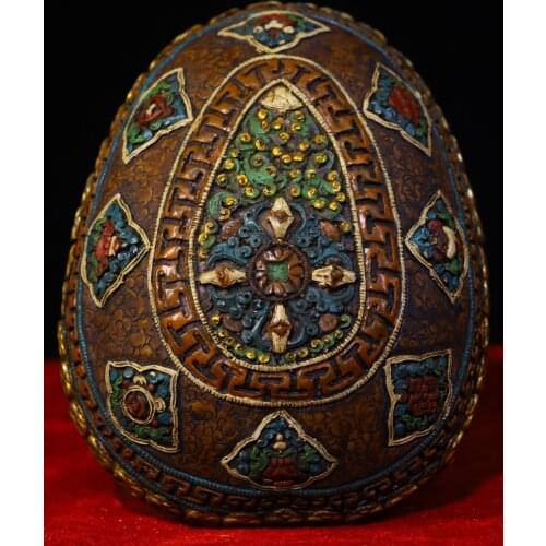 7"Tibet Temple Collection Old Tibetan silver mosaic Skull head Tracing eight treasures Kapala Bowl cup Gabala Bowl Town House