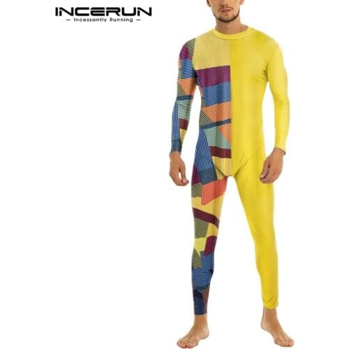 INCERUN Men Pajamas Jumpsuit Long Sleeve Print Patchwork O Neck Fitness Leisure Homewear Rompers Zipper Cozy Overalls Sleepwear