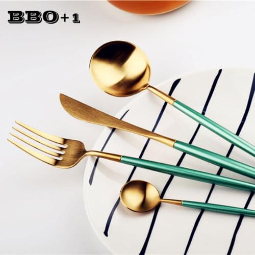 4pcs/set Stainless Steel Cutlery Set Green Gold Dinnerware Western Dinner Knife Fork Teaspoon Tableware Set Wedding Party Gift