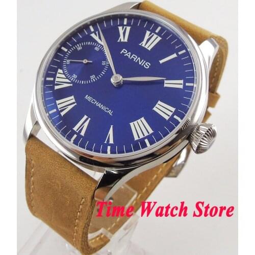 44mm Parnis 17 jewels 6497 hand wind wrist watch men Luminous waterproof Royal blue dial Roman numerals leather strap 1021