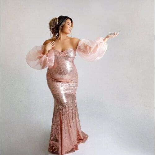 New In Glitter Mermaid Maternity Dresses Sweetheart Strapless With Detachable Tulle Sleeves Sequins Rose Gold Pregnancy Dressing