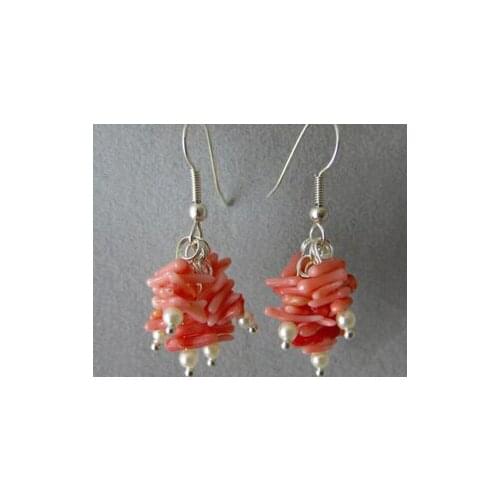 Salmon Pink Coral Earrings Cluster with Faux pearls Dangle Earring