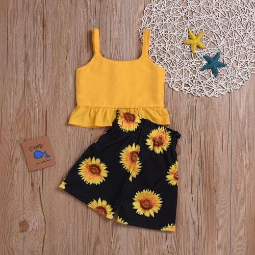 PatPat 2020 New Summer Baby and Toddler Solid Strappy Top and Sunflower Print Shorts Sets