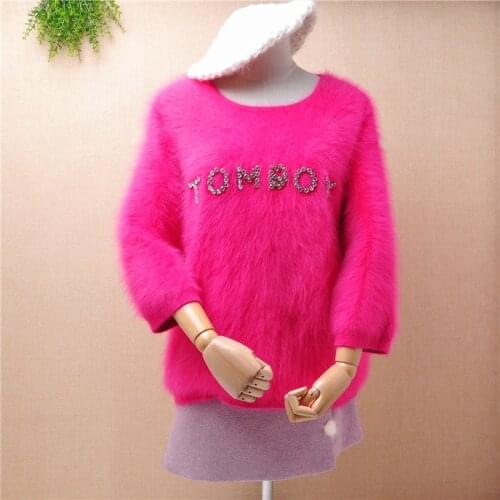 Heavy thick female women winter warm hairy fuzzy mink cashmere beading loose pullover angora rabbit fur jumper sweater pull tops