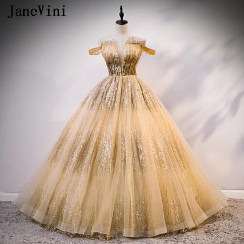 JaneVini Luxury Princess Gold Long Quinceanera Dresses Boat Neck Glitter Sequined Pageant Ball Gown Party Gowns Vestido De Festa
