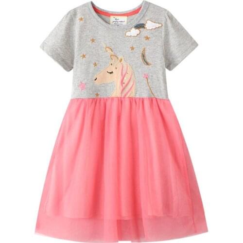 Unicorn Print Girls Short Sleeve Lace Cotton Princess Party Dress Kids Tutu Costume Summer New Style Children