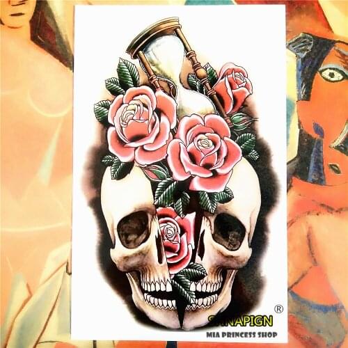 SHNAPIGN Roses in Skull Temporary Tattoo Body Art Sleeve Arm Flash Tattoo Stickers 12*20cm painless Henna selfie tattoo stickers