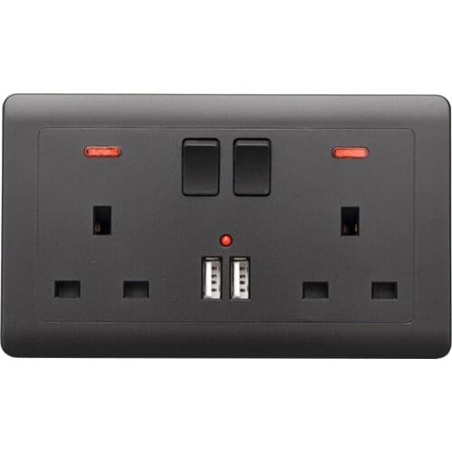UK Plug Wall Switch Double Sockets 2 Gang 13A with 2 USB Charging Ports Black