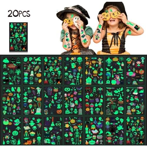 Halloween 20pcs/lot Luminous Tattoo Face Temporary Color Unicorn Mermaid Dinosaur Tattoo Child Cute Tattoo Sticker Body