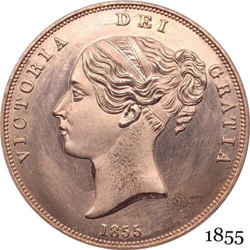 United Kingdom 1855 Victoria 1 One Penny UK Queen Red Copper Copy Coins Great Britain Bronze Portrait Coin With Smooth Edge