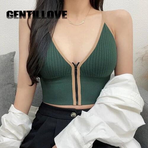Off Shoulder V-Neck Women Crop Tops Backless Slim Fit Striped Spaghetti Zipper Tank Top Sexy Bra Sleeveless Korean Vest Club