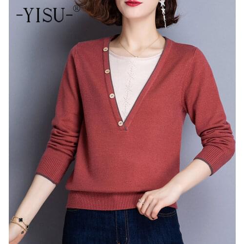 YISU Knitted Sweater Women Pullover Sweater 2021Autumn Winter Casual Splicing Pullover Jumper Long Sleeve Loose Tops Sweater