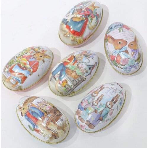 1pc Cute Metal Easter Egg Shaped Candy Tin Bunny Rabbit Printing Easter Egg for Easter Festival Candy Chocolate Party Decoration