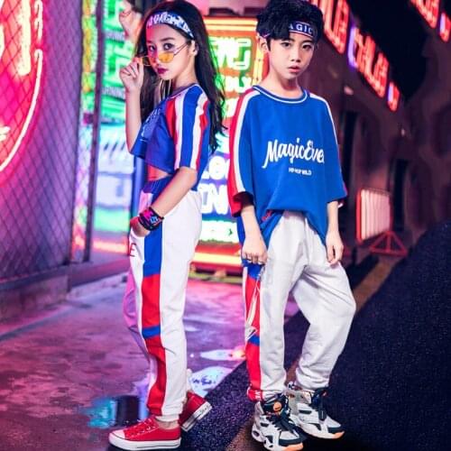 2020 Jazz Dance Costumes For Kids Blue Tops Loose Hiphop Pants For Boys Hip Hop Dancing Clothes Girls Street Dancewear DQS6114