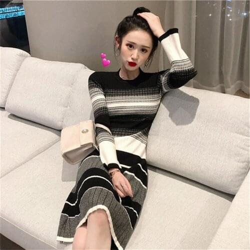 2021 Autumn Winter Korean High quality Knitted Dress Women Long Sleeve Casual Vintage Striped O-Neck Sweater Dress Robe Femme