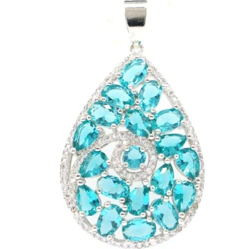 45x25mm Princess Cut Big Drop 5.8g Rich Blue Aquamarine White CZ Ladies 925 Sterling Silver Pendant Eye Catching