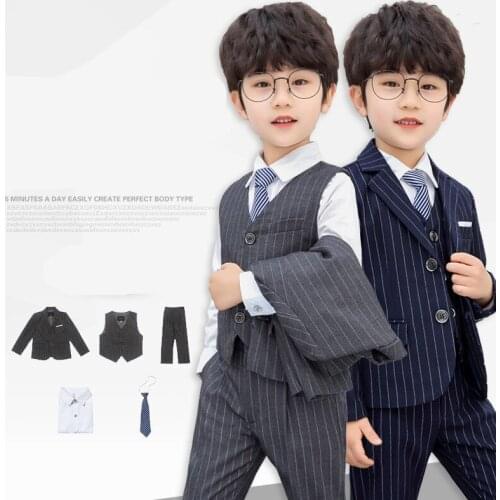 Toddler Boys Clothing Set Spring Autumn Kids Fashion Striped Gentleman Suit Vest Shirt Blazer Pants Tie Boy 5 Pcs Dress Suits