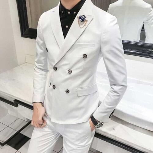 Custom White Groom Tuxedos Mens Wedding Suit Pants Double Breasted Best Man Blazer Prom Party Slim Fit Terno Masculino 2Piece