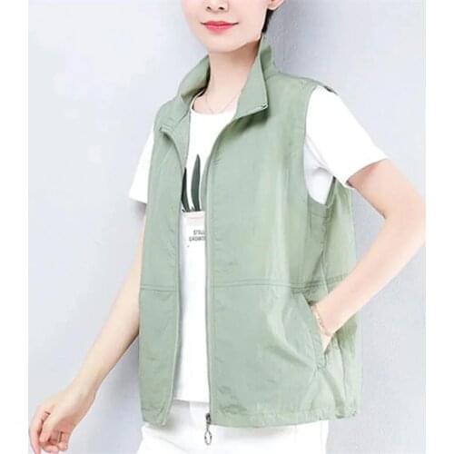 Double-layer Thin Waistcoat Womens Plus Size Stand-Up Collar Vest Spring Summer Breathable Mother Waistcoat Zipper Tops Female