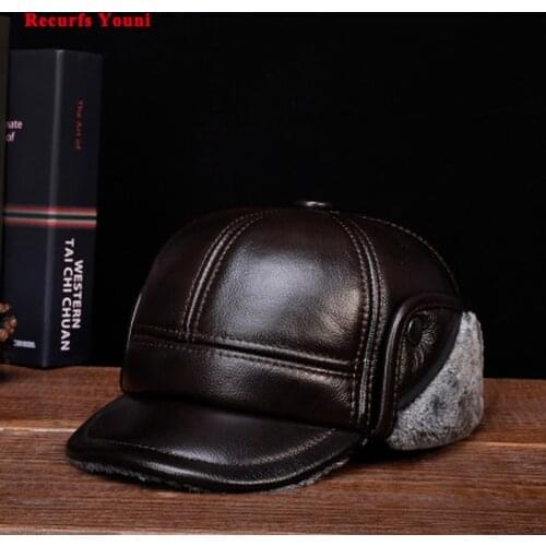 RY127 Branded Mans Winter Genuine Leather Bomber Hat Male Ear Protecrion Faux Fur Black/Brown Casquette Trucker Baseball Caps