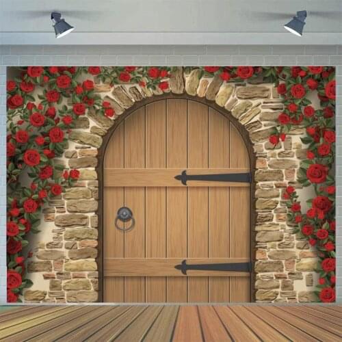 Red Rose Flowers Decor Arched Wood Door Photography Background Women Kids Pet Old Brick Stone Wall Portrait Background For Photo