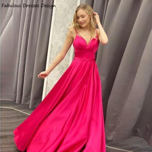 Fuchsia Spaghetti Strap Sweetheart Prom Dresses 2020 A Line Vestido Elegant Backless Long Evening Dress Party For Women