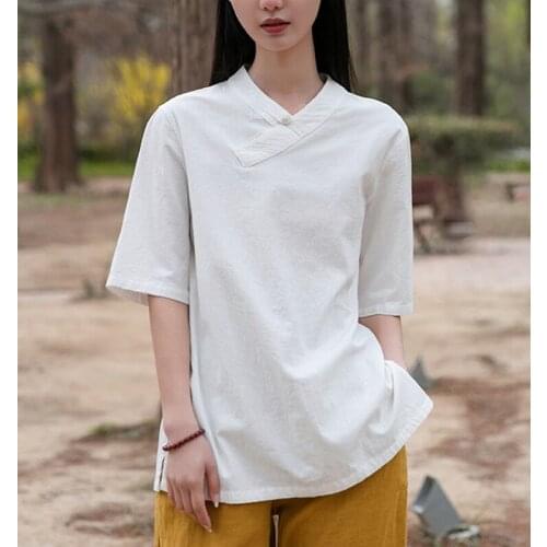Johnature Women V-neck Shirt 2021 Summer New Retro Cotton Linen Shirt Solid Color Loose Blouse Simple Button Short Sleeve Tops