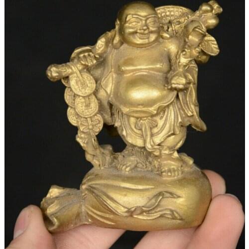 China Temple Copper Brass Happy Laugh Maitreya Buddha Gourd Ruyi Coin Bag Statue