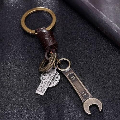 Classic Vintage Ancient Bronze Spanner Pendant Key Rings Men Braided Cowhide Keychain Gift For Friends