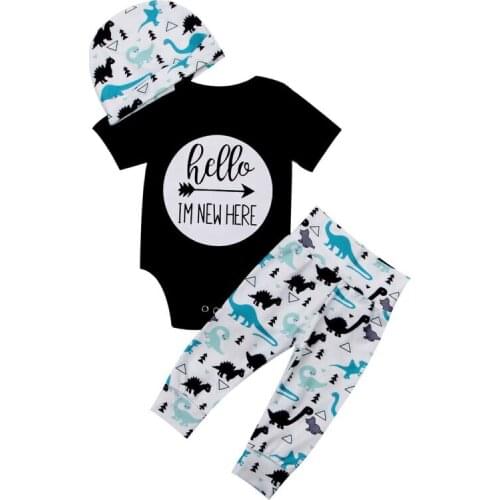 3Pcs Autumn Newborn Baby Girl Boy Cartoon Dinosaur Letter Prints Romper Cotton Bodysuit Long Pants Hat Outfits Clothes Set 0-18M