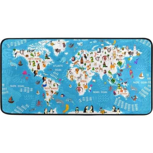Cute Blue Animal World Map Kitchen Mat Area Rug 39x20 Inch Polyester Non-Slip Floor Mat Washable Carpet For Living Room Bedroom