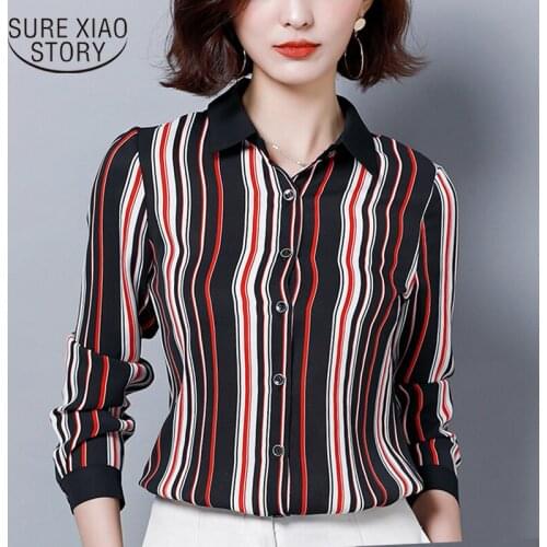 Fashion womens tops and blouses plus size blouse shirt turndown collar striped office blouse long sleeve women shirts 2393 50
