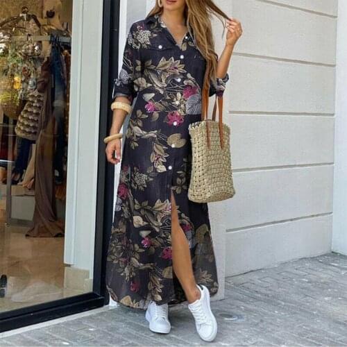 Fashion Women Long Sleeve Flowers Leopard Camo Print Split Hem Maxi Shirt Dress Womens Clothing женское платье vestidos 2020