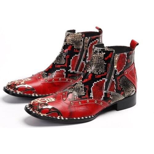 High Heels Men Boots Square Toe Red Snake Skin Leather Boots Rivet Men Handsome Ankle Boots for Men Wedding Party Size 38-47