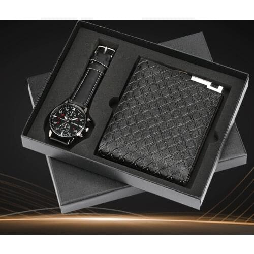 Top Grade Man Watch Wallet Gift Box Quartz Wristwatch Leather Strap Practical Pin Buckle Male Wallets Purse Gifts Set for Father