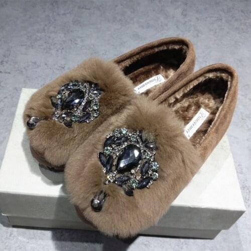 Thicken Fur brand snow loafers 2019 popular plush female shoes warm luxury big crystal flexible peas oxfords korean ballet flats